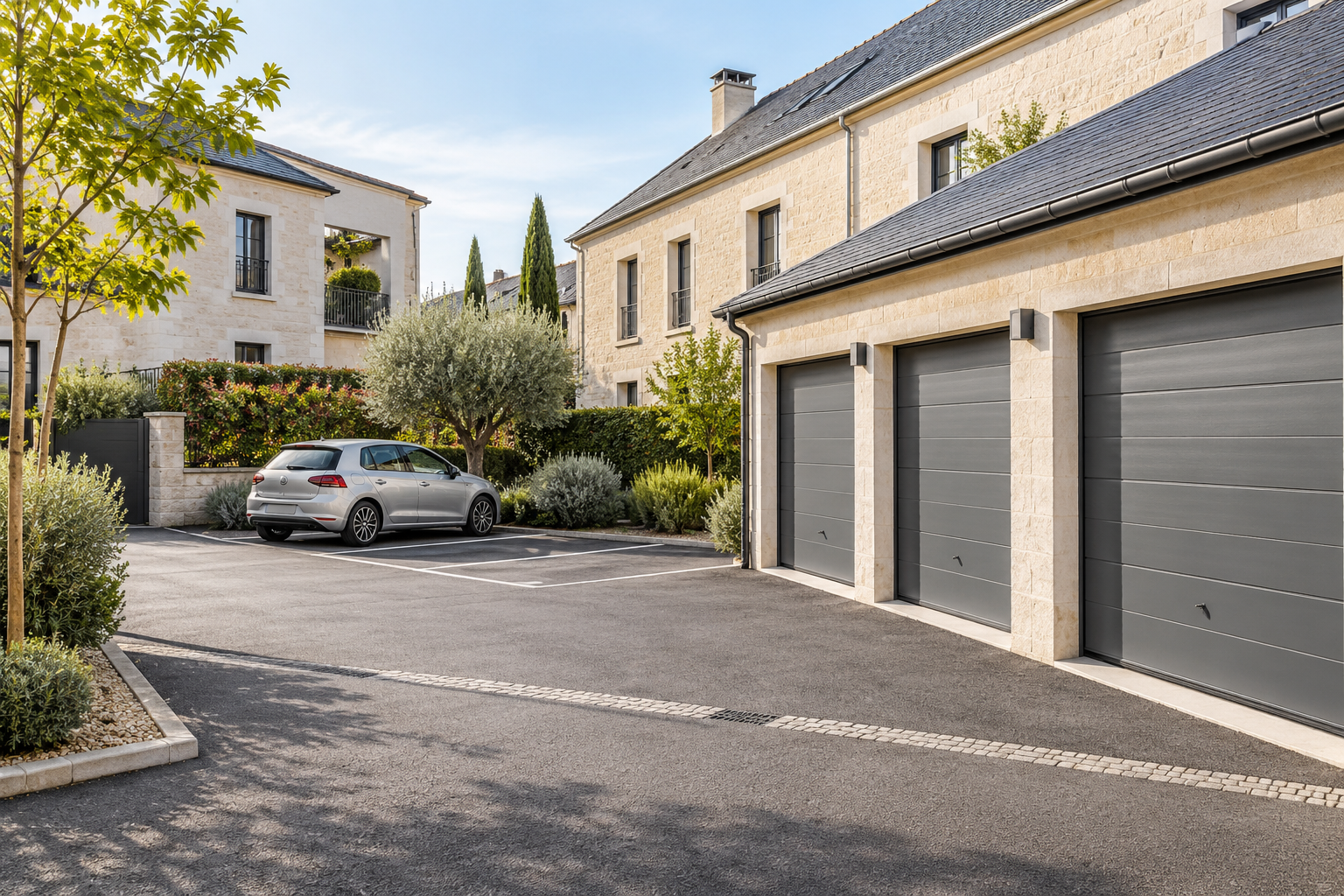 Des garages et places de stationnement dans une cour résidentielle